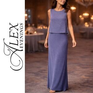 Alex Evenings, Petite Glitter Shimmer Sleeveless One piece Maxi Gown Blue 14P